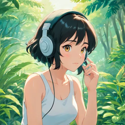 Girl wearing white tank top, headphones, blck hair, inthe style of tranquil gardenscapes, Animated color photos, Masami Teraoka, , Amber style, Honest portrait