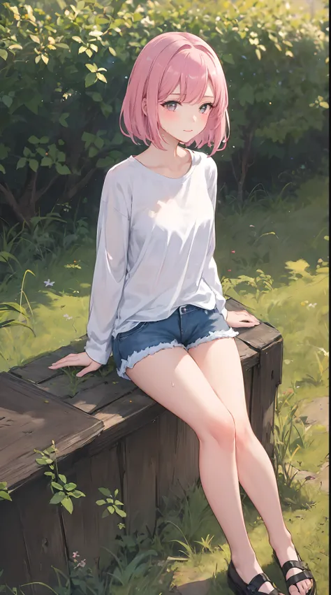 1girll, 独奏, Light white shirt，Soaked underwear，Exposing thighs,wear short shorts，Sit on grass，The chest is large，Perfect hands