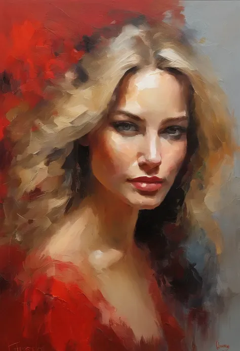 Female portrait, sophisticated beautiful woman, long blond hair, smiling eyes, looking at camera, low cut red dress, acrylic painting, bold and expressive brushwork, impressionistic style, detailed face, epic surreal background, heavy brushstrokes with thi...