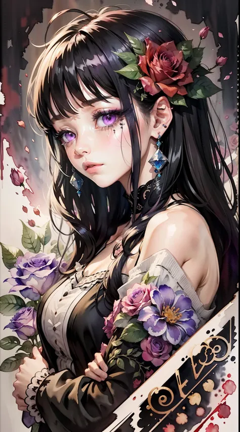 (Watercolor: 1.3), (Watercolor), Ink, A Beautiful Girl, Solo, Rose Flowers of Multiple Colors, Portrait, Leaves, Bangs, Black Hair, Long Hair, Purple Eyes, Flower Earrings, (Crying), Full Body Portrait, 4K Resolution, High Resolution, Ultra High Resolution...