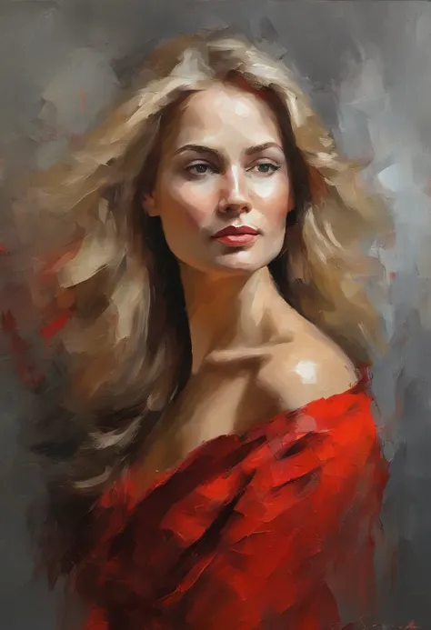 Female portrait, sophisticated beautiful woman, long blond hair, smiling eyes, looking right at camera, low cut red dress, acrylic painting, bold and expressive brushwork, impressionistic style, detailed face, epic gray background, heavy brushstrokes with ...