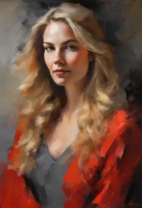 Female portrait, sophisticated beautiful woman, long blond hair, smiling eyes, looking right at camera, low cut red dress, acrylic painting, bold and expressive brushwork, impressionistic style, detailed face, epic gray background, heavy brushstrokes with ...