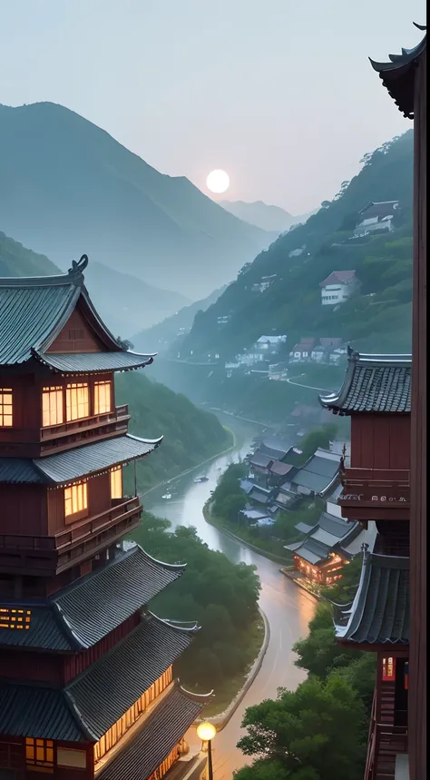 A traditional Chinese town，hometown，moon full