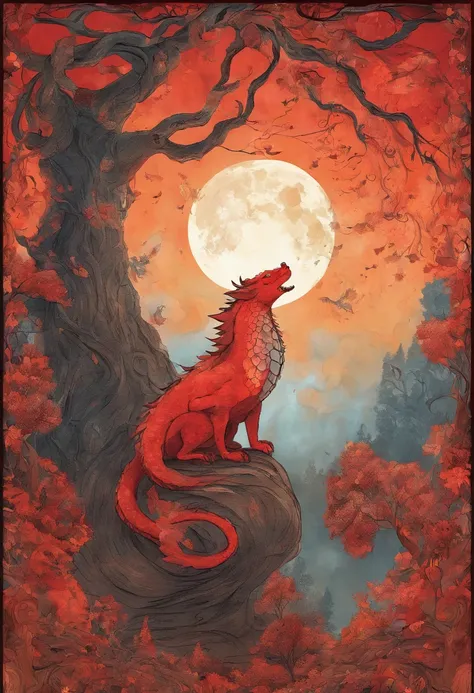 cielo estrellado con nubes arboles luna de colores calidos con un oso DRAGON rojo marron de protagonista