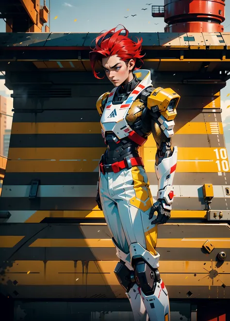 A man with short red-gold hair, hair slicked back, thick and disheveled hair, a cold and ruthless gaze, a confident expression, wears a two-piece futuristic military-style uniform, primarily in shades of white and red, accented by touches of yellow, stream...