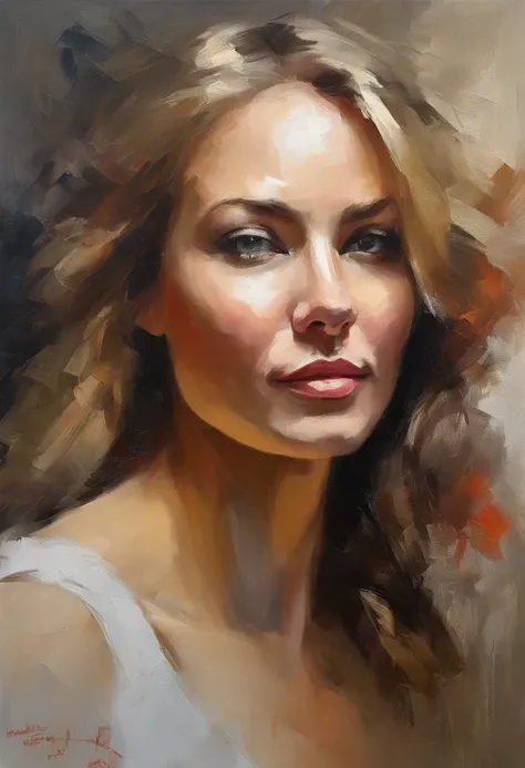 Female portrait, seductively attractive beautiful woman, long blond hair, smiling eyes, looking right at camera, low cut red dress, acrylic painting, bold and expressive brushwork, impressionistic style, detailed face, epic gray to white background, heavy ...