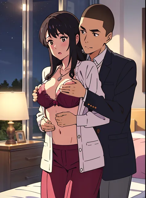 shinkai makoto, kimi no na wa., 1 boy, buzzcut, school uniform, boy is behind girl, touching chest, breatsgrope from behind, grab, grabbing chest,chestgrab behind back, removing bra, hold bra, hold chest, hold nipples, hug back, hugging, neck kiss, 1girl, ...