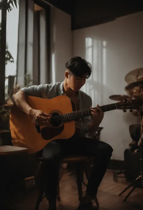 Cute asian sexy man with guiter sit on the chair and write a song studio room/moody tone / half body view