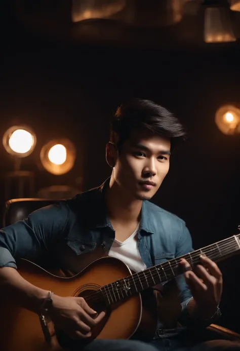 Cute asian sexy man with guiter sit on the chair and write a song studio room/moody tone / half body view