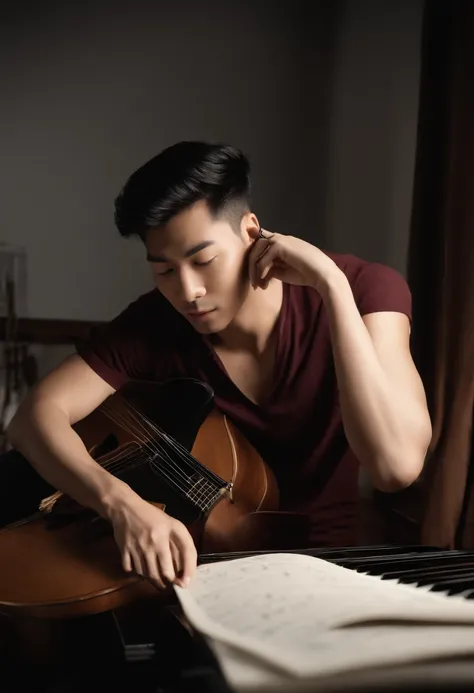 cute asian man,sexy asian man,guitar,chair,songwriting,studio room,music,moody tone,half body view,stylish hair,beard,fashionable clothes,vintage atmosphere,musical instruments,cozy environment,inspiration,professional setup,creative process,music producti...