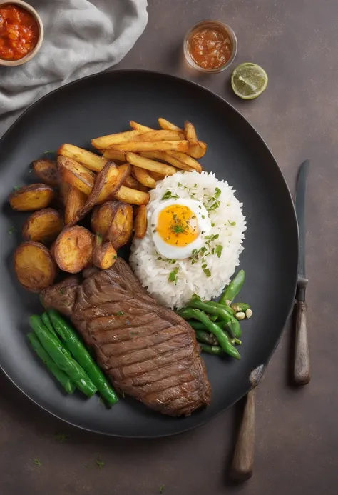 bife acebolado com batata frita, com um prato de arroz, em cima de uma mesa branca