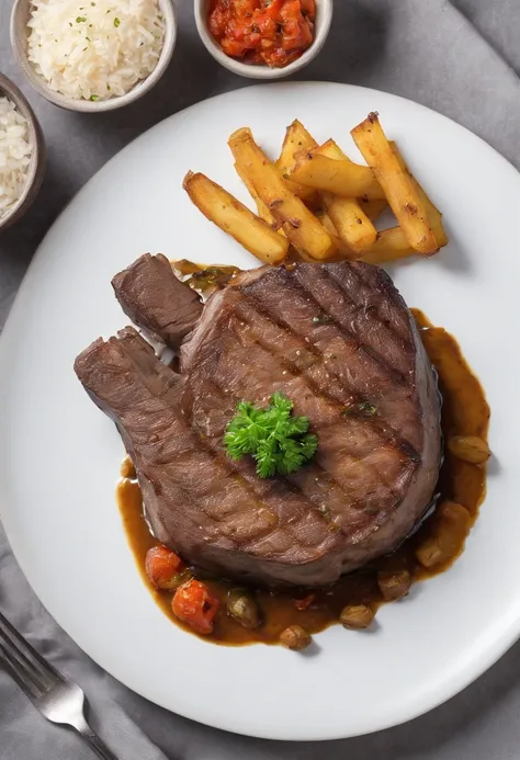 bife acebolado com batata frita, com um prato de arroz, em cima de uma mesa branca