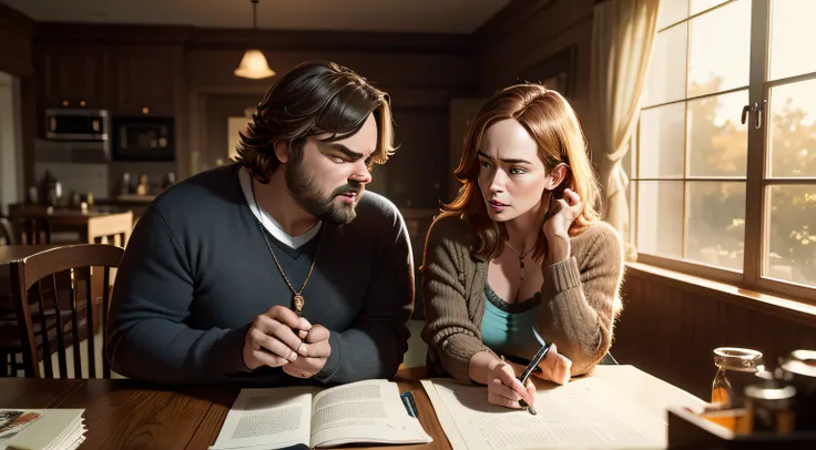 Subject: Jack Black talking to Emily Blunt.
Background Context: Interior of Jack Blacks home.
Description: Jack Black explaining the situation to Emily Blunt, who looks hopeful.
Time of Day: Daytime, indoors.
Type of Image: Character-focused scene within a...