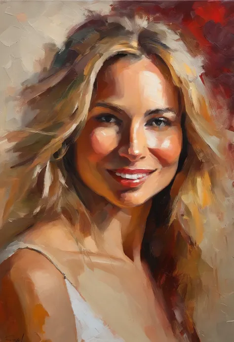 Female portrait, beautiful woman, long blond hair, smiling eyes, looking right at the point of view, low cut white dress, acrylic painting, bold and expressive brushwork, impressionistic style, detailed face, epic red background, heavy brushstrokes with th...