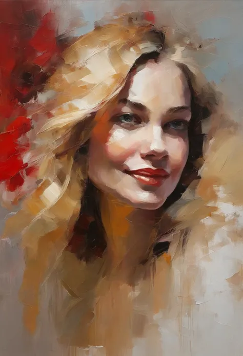 Female portrait, beautiful woman, long blond hair, smiling eyes, looking right at the point of view, low cut white dress, acrylic painting, bold and expressive brushwork, impressionistic style, detailed face, epic red background, heavy brushstrokes with th...