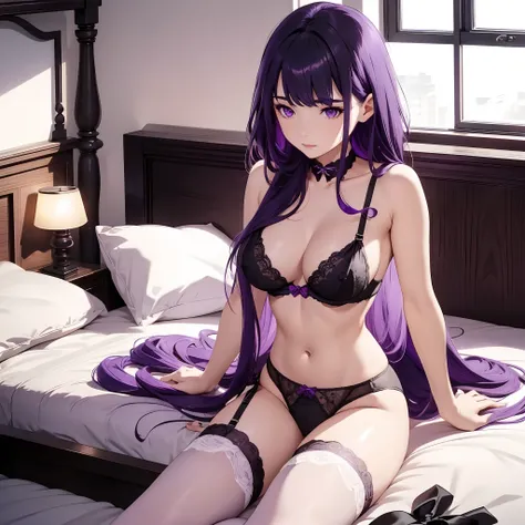 1 girl, long purple hair, purple eyes, large breast, black lingerie, black panties, garterbelt with black stocking, laying top of bed, bedroom, nipple perked out from under bikini, nipple see through bra,