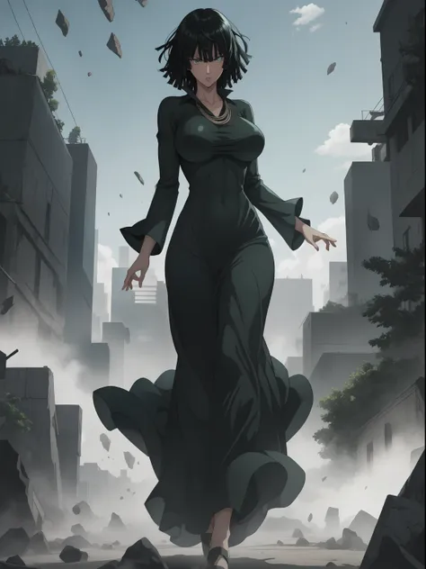 fubuki from one punch man, green eyes, short deep green hair, wearing dark green form-fitting v-neck dress, standing on a destro...