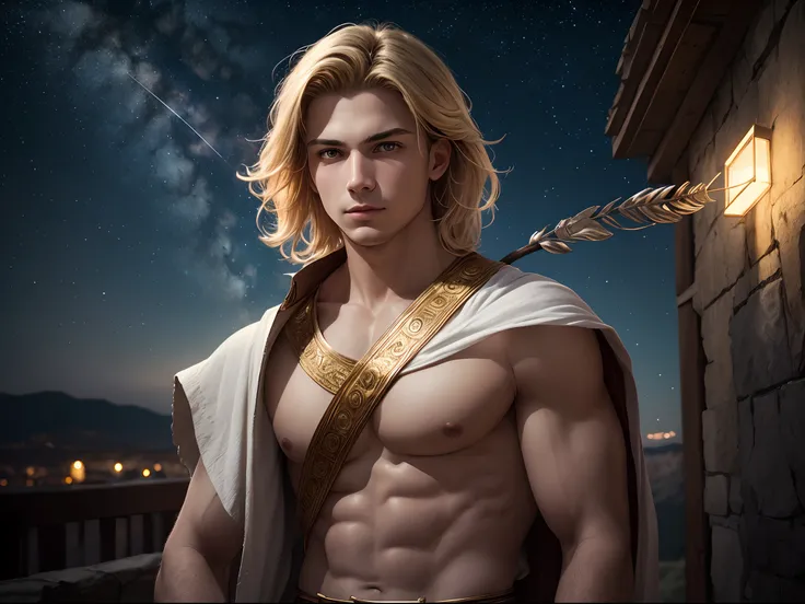 Arcas. Realistic photo. Medium shot photo. Handsome young man with golden hair and an athletic body. He wears a light white ancient Greek tunic adorned with blue elements. His eyes shine like stars in the sky. He carries in his hand a arrow. Dark night bac...