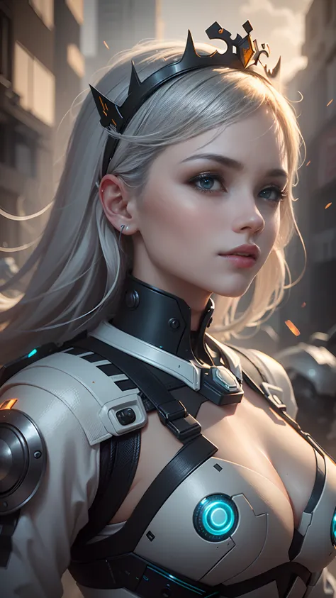 ((Best Quality)), ((Masterpiece)), (Very Detailed: 1.3), 3D, Shitu-mecha, Beautiful cyberpunk woman wearing crown with her mecha in ruins of a city in forgotten war, long silver hair, sci-fi technology, HDR (High Dynamic Range), ray tracing, nvidia RTX, su...