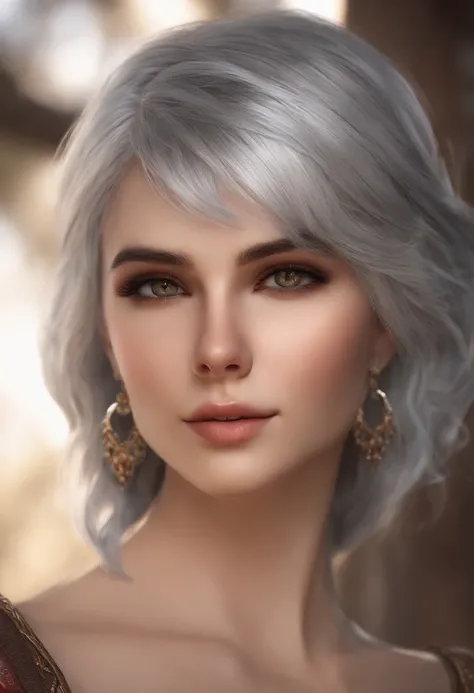 (best quality, masterpiece), 1girl, beautiful girl, brown_eyes, ((hair color [Silver hair], [pixie cut with bangs] hair)), earrings, lips, short sleeves,realistic, narrow waist, charming, colorful makeup, long eyelashes, fair skin, (cute), (detailed face),...