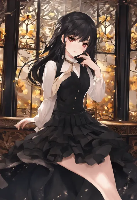 One has long black hair，Wearing a short black skirt，Wear black high heels on your feet，Beautiful anime girls