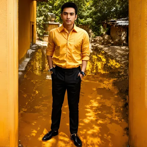 there is a man standing in a driveway wearing a yellow shirt, reddit post, orange and black, inspired by Saurabh Jethani, formal attire, full body picture, * colour splash *, full body photogenic shot, stylish pose, handsome man, by Byron Galvez, !! low co...