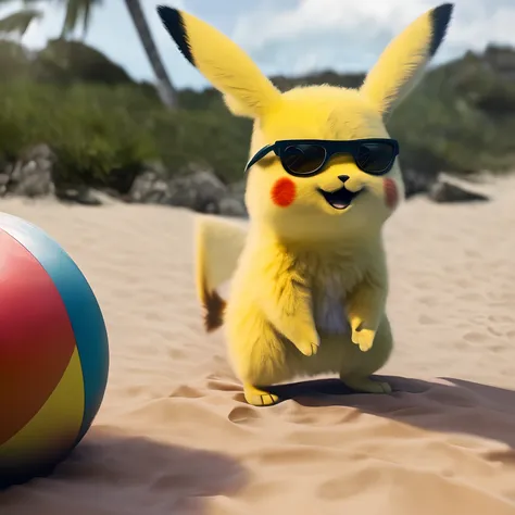 solo, pikachu,portrait, realistic, photorealism, photo, open smile, on the beach, standing in lounge chair, beach, sunglasses, (...