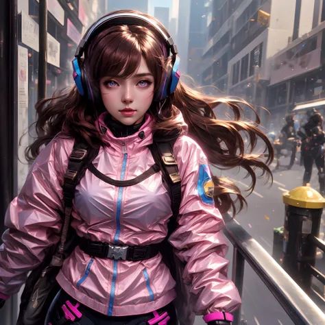 masterpiece, best quality, high resolution, 1girl, super high resolution, solo, mech pilot, d.va, headphones, pink eyes, blue ti...