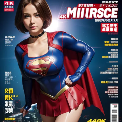 (Best Quality,4K,8K,hight resolution,masutepiece:1.2),Ultra-detailed,Realistic:1.37,Super masterpiece,Short-haired Supergirl、large full breasts、Looking at the camera、Glossy costume、a choker、Too short miniskirt、Weekly magazine cover、the pose