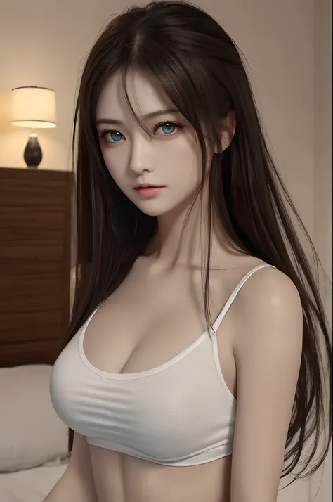 best qualtiy， tmasterpiece， 超高分辨率， （realisticlying：1.37）， RAW photogr， 1girll， long whitr hair， beautidful eyes， beauitful face， Detailed eyes and face， short tank top，（D cup of the chest）， 动态照明， in the darkness nigth， deep shading， low tune， Cowboy shooti...