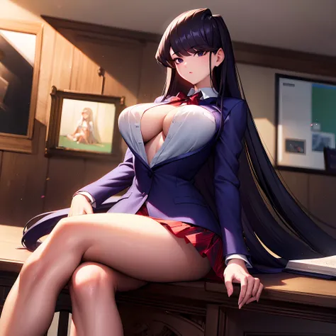 Masterpiece, best quality, highres, highly detailed, 1 girl, long hair, black hair, lavender eyes, large breast, unbottened dark blue blazer, unbottened white shirt, black bra, red skirt, black stocking, inside classroom, sitting on top the table, book, pe...