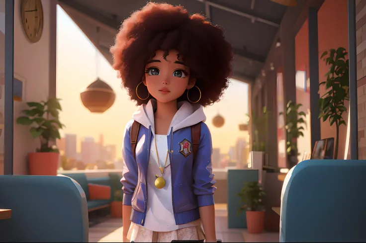 There is a cartoon doll with a bag and a jacket, Amy Sol no estilo de, render de uma menina anime 3d bonito, renderizado em corona, anime afrofuturismo, maia 8 mil, Estilo anime 3D realista, animated film, futurismo afro, Personagem de close up, fanart men...