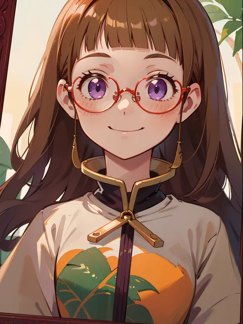 Single Portrait, infp young woman, Smile, Impression, (Oil Painting), Green and orange tones、a blond、Blunt bangs、Straight hair, Hair pulled back、Purple eyes、((Red Frame Glasses)):1.5、Onepiece、Long sleeves、A slight smil、