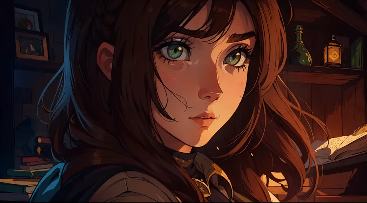 Uma bela mulher de olhos verdes e cabelos castanhos longo ondulado (brown hair) (Detailed strokes) Princess eyes Sexy curvy eyelashes A wooden wall background with bookcases Expressive drama with a sad look of concern An art for an RPG A medieval art for a...