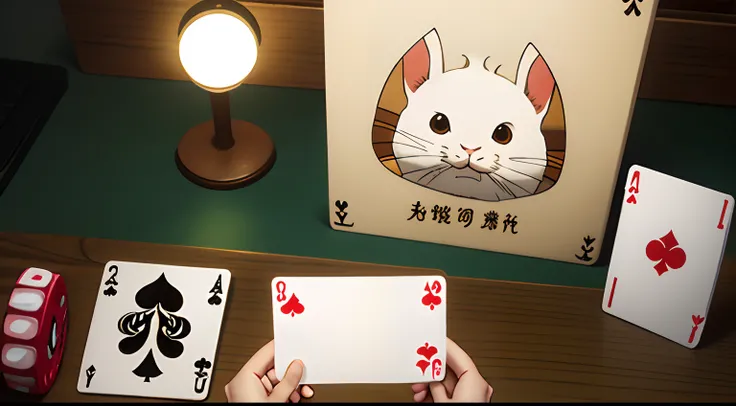 Ghibli style、Rabbit laying out playing cards on desk