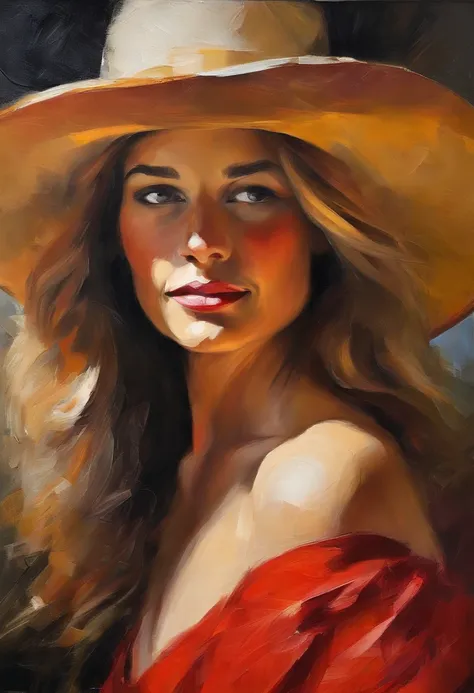 Female portrait, very beautiful woman, long blond hair, smiling eyes, looking right at the point of view, low cut red dress, white hat, acrylic painting, bold and expressive brushwork, impressionistic style, detailed face, epic background, expert lighting ...