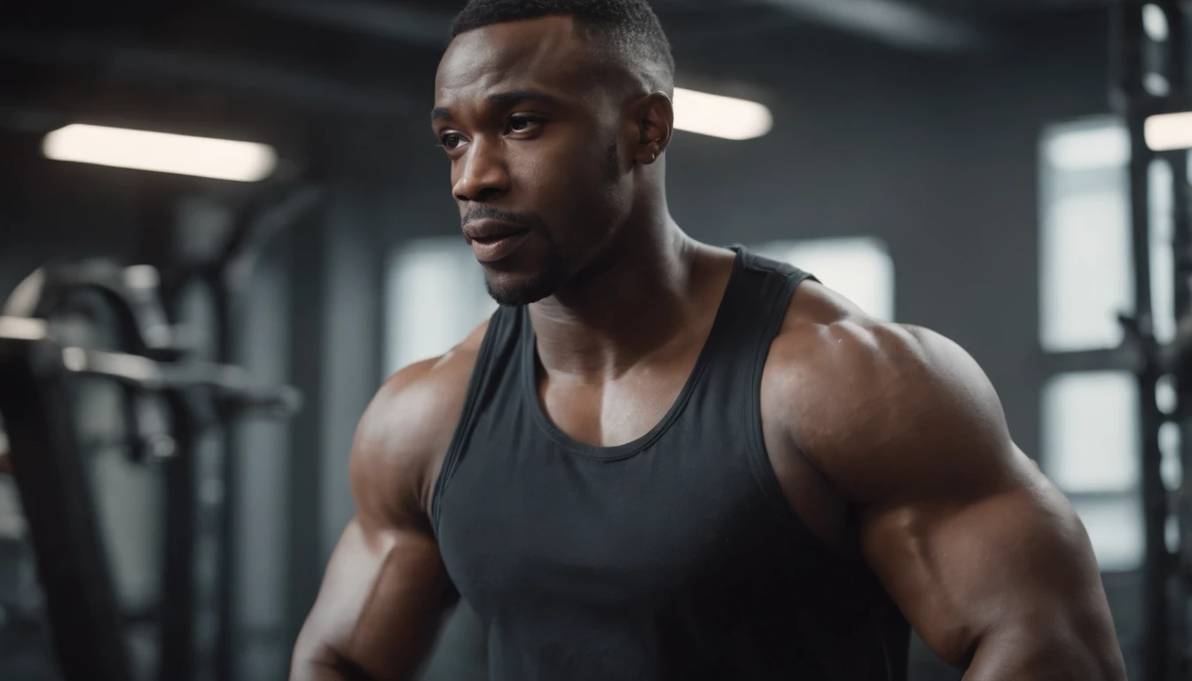 Black male gym in full vest , big muscle, Height 190 cm, big shoulders, Big muscular legs, (Draweye Detail), (realisitic),Screaming