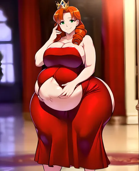 best quality, masterpiece, solo, (( Tall ,Feminine))anime ((Male)) in red Dress with crown,( Red corset, Skirt trail), wearing an ornate outfit, anime princess, in a fancy elaborate dress, ((Long Orange Hair:1.4)), ((hair styled in curls:1.3)),((Green eyes...