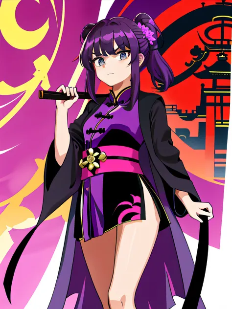 a girl, wearing a purple and black robe, it stands in a chinese-style building