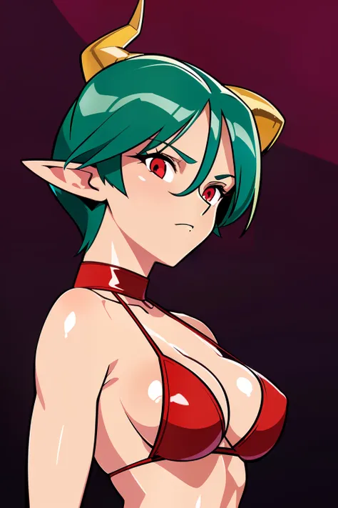 1girl, arrera_VIPER, short hair, green hair, red eyes, large brests, devil horn, bikini costume, devil tail, ((upper body, front view, from front, face focus)),