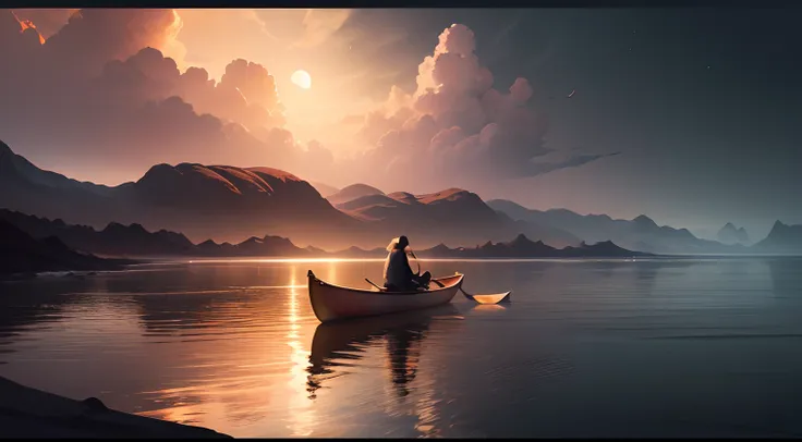 Viewpoint from a canoe, Top quality woman riding canoe at sea, Wearing a robe, environment design illustration, Desert island 4k digital painting on background, Stunning, Concept art, Intricate details, Horizontal photo,natta,Fantastic night scenery