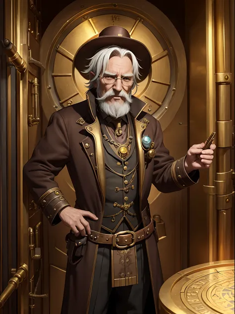 An old man he wears steampunk style clothes and is in a vault filled with gold he is like a medieval banker a character for a medieval rpg character illustration art game medieval art wakfu style art style cartoon anime