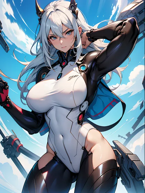 Anime character posing in bodysuit, Seductive Anime Girl, biomechanical oppai, shiny white skin, oppai, oppai proportions, Curvaceous body, White shiny skin, Perfect silver-haired girl, Smooth Anime CG Art, ​masterpiece, ultra-detailliert, in 8K, hiquality...