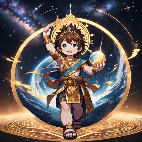 top-quality, ​masterpiece, High-density illustration, Full Body Display, (The Great Male God of Creation of the Universe), Chibi Character, Smile with open mouth, Brown hair, (Looking at the camera from the front, Beautiful contrast of colors), God of anci...