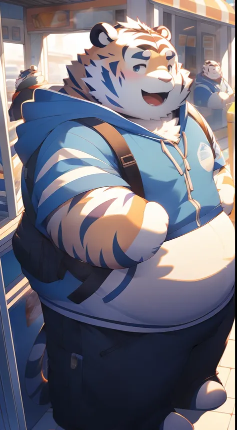 Anthropomorphic white tiger，male people，16 yaers old，Thick eyebrows，blue stripe，hairy bodies，Chubby body，Blue hoodie，Take the bread，Stand in front of a convenience store，ssmile，looking toward the viewer，adolable，Solo，Side angle，Full body photo