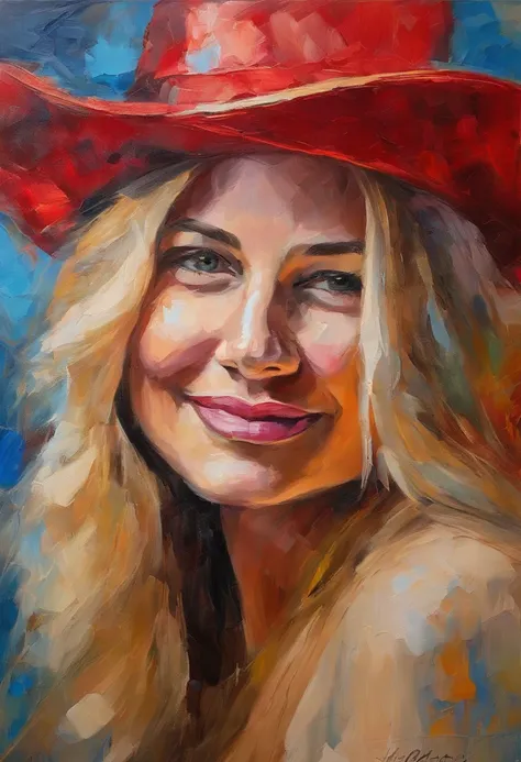 Female portrait, very beautiful woman, long blond hair, smiling eyes, looking right at the point of view, red hat, acrylic painting, bold and expressive brushwork, impressionistic style, fine detailed face, epic background, expert lighting and shadows, fin...