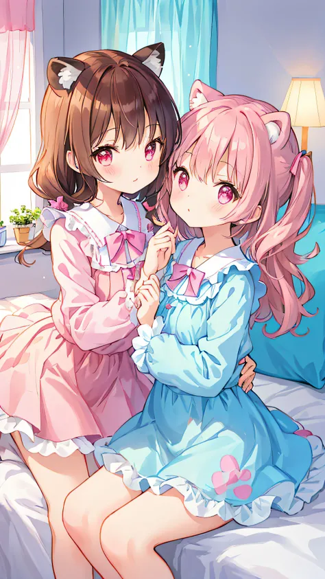 Beautiful illustration、top-quality、Cute twin girls、Bedroom、PastelColors、Fluffy raccoon ears、小柄、brown haired、Bright lighting、bright pink eyes、Pony tail