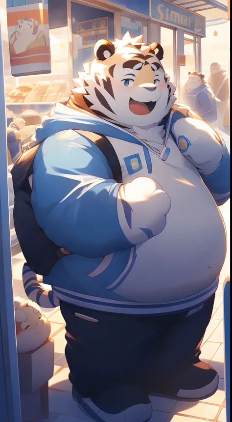 Anthropomorphic white tiger，male people，16 yaers old，Thick eyebrows，blue stripe，hairy bodies，Chubby body，Blue hoodie，Take the bread，Stand in front of a convenience store，ssmile，looking toward the viewer，adolable，Solo，Side angle，Full body photo