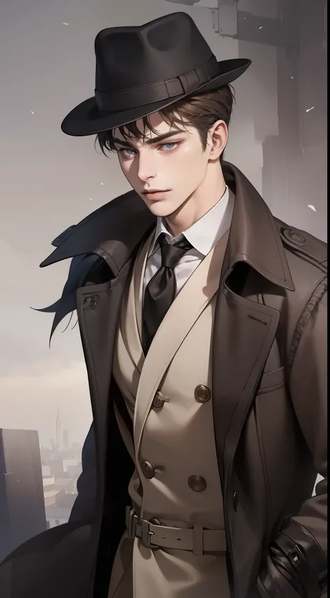 masterpiece, best quality, realistic, 1man, mature male, quiet and charming young man, 25 years old, close his eyes, serious look, extremely detailed face, ((dark grey eyes)), ((short-right-swept dark brown hair)), [thick eyebrows], detective, ((Dressed in...