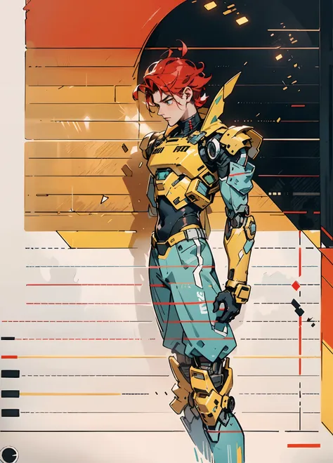 A man with short red-gold hair, hair slicked back, thick and disheveled hair, a cold and ruthless gaze, a confident expression, wears a two-piece futuristic military-style uniform, primarily in shades of white and red, accented by touches of yellow, stream...